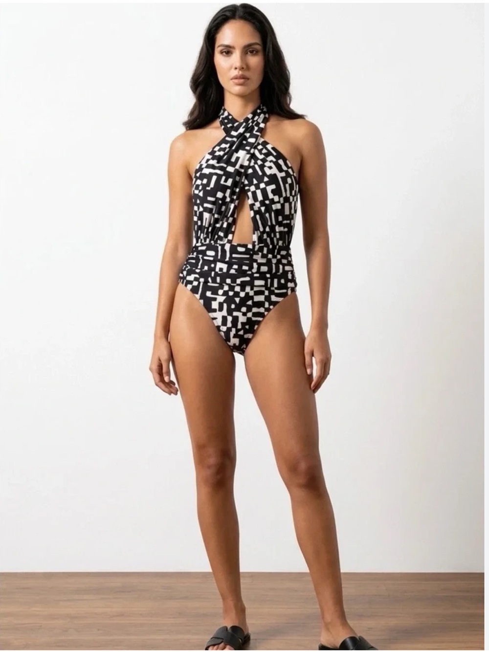 Banana Republic Twisted-Knot One-Piece Swimsuit Black & White Bathing Suit S NWT